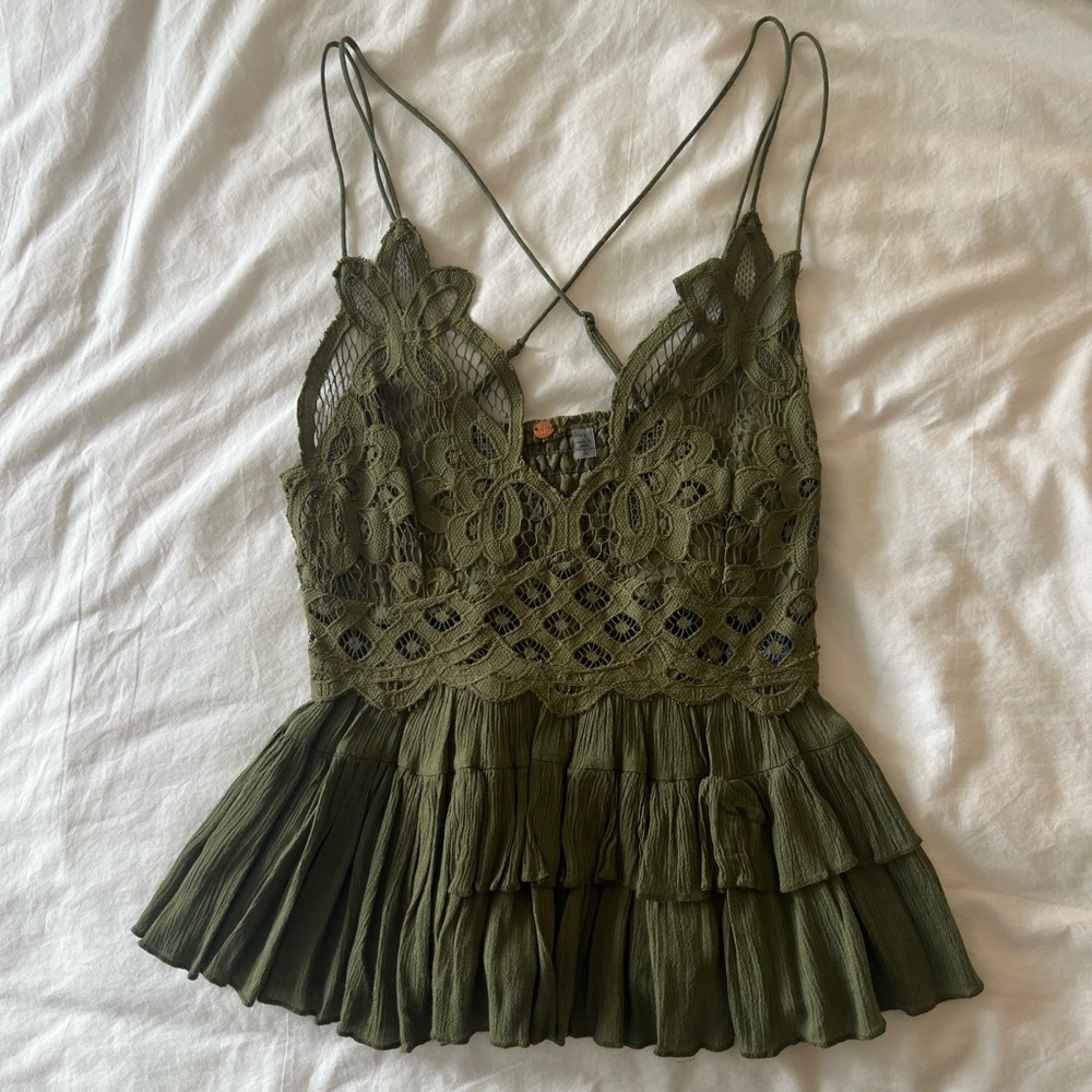 Free People Olive Green Lace Ruffled Tank Top